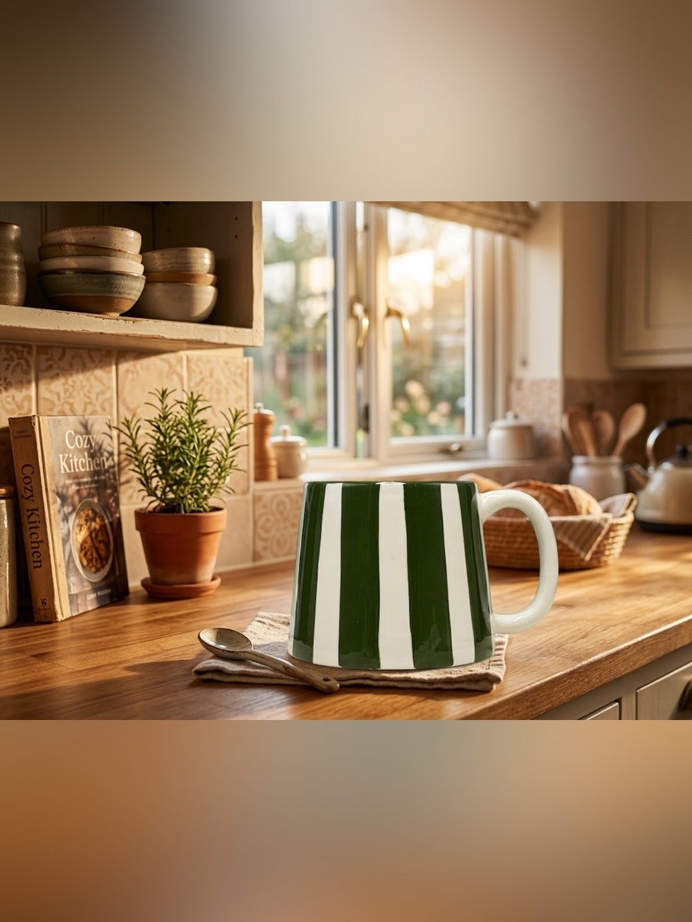 Large Green and White Striped Ceramic Coffee Mug | 16 oz Sunday Morning Ceramics